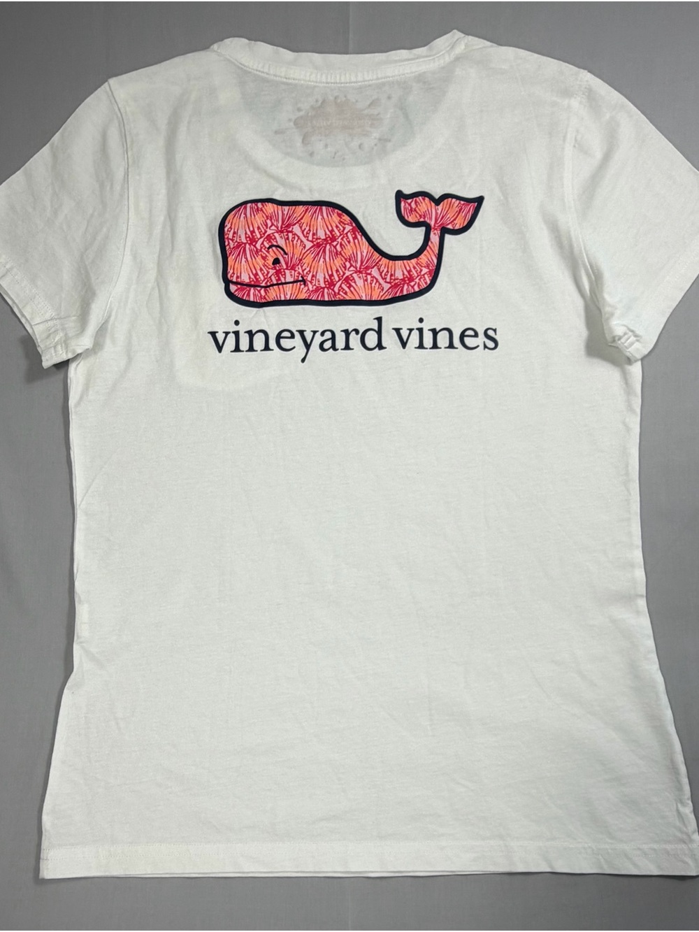 Vineyard Vines White Tee with Pink Patterned Whale Logo